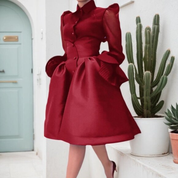 Elegant Red Satin Puff Sleeve Button-Front Fit & Flare Dress | Church, Gala - Picture 2 of 5